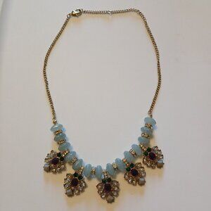 Blue Frosted Beads Rhinestone Multicolor Stylized Leaf Nature Pendants Necklace